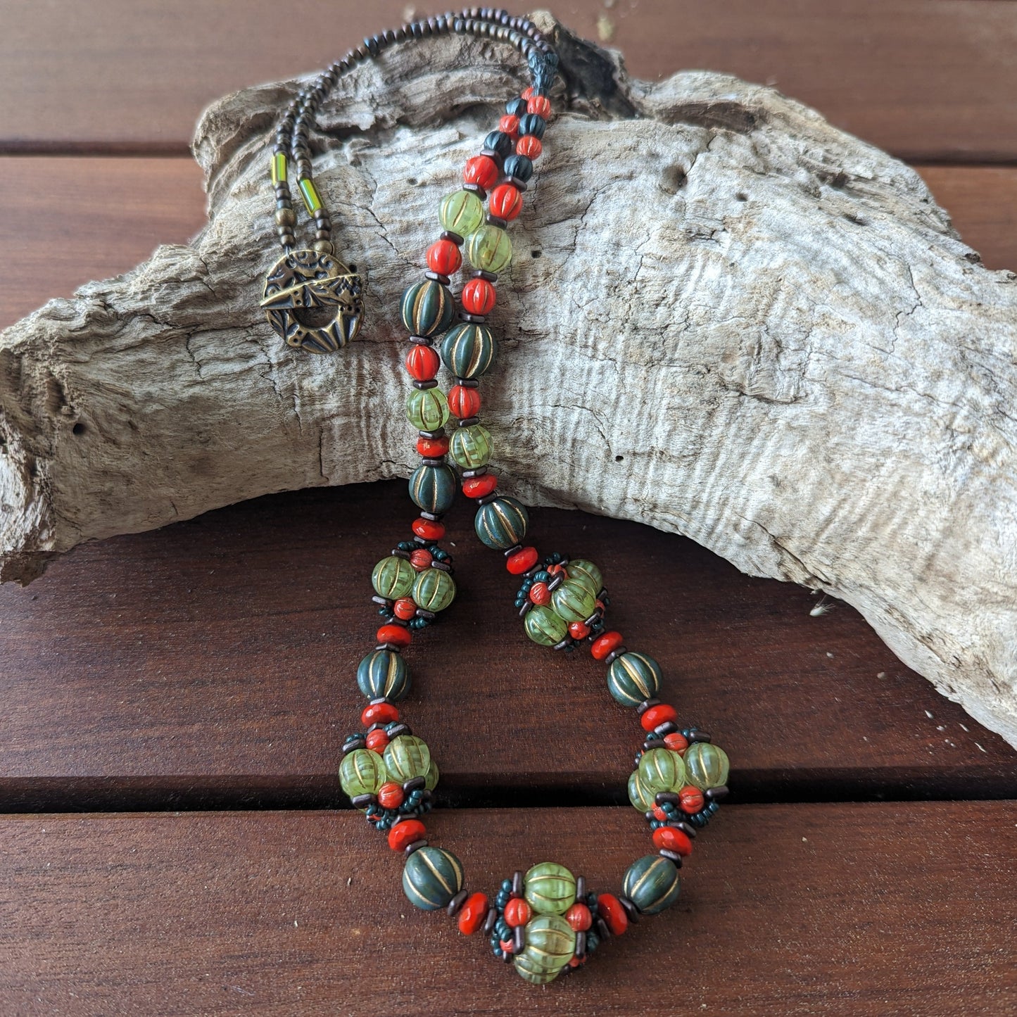 Coral Orange, Moss and Peridot Glass Woven Bead Necklace