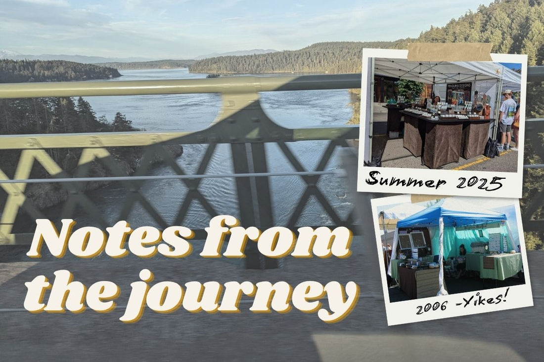 A long body of water with forested hills on either side, viewed from behind an industrial green railing. Two Polaroid style photos of art booths are on the right side. Text on the lower left reads: Notes from the journey.