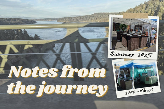 A long body of water with forested hills on either side, viewed from behind an industrial green railing. Two Polaroid style photos of art booths are on the right side. Text on the lower left reads: Notes from the journey.