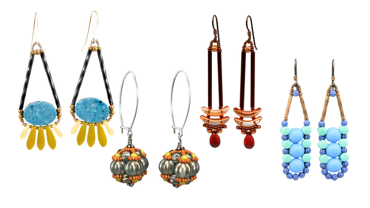 A row of four  pairs of long earrings in different styles, fringed teardrop, decorative ball, dropper shape and stack of rounds set in an outline of alternating colors.