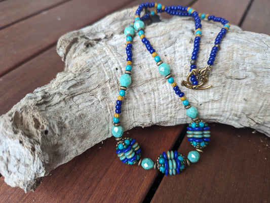 Turquoise and Royal Blue Woven Bead Necklace