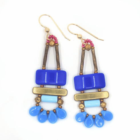 Earrings with a blue rectangle on top of a gold bar and below the bar, a pale blue tube above a swag of four medium blue petals.