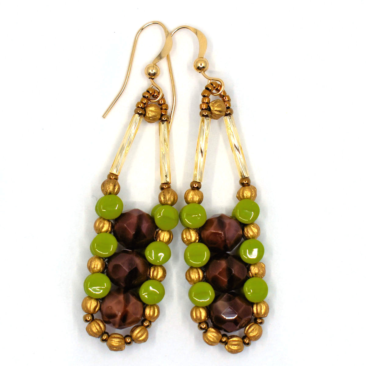 Silky brown and avocado green earrings with gold accents and earwires. These have three silk-swirled brown beads in a column, outlined in green and gold beads.