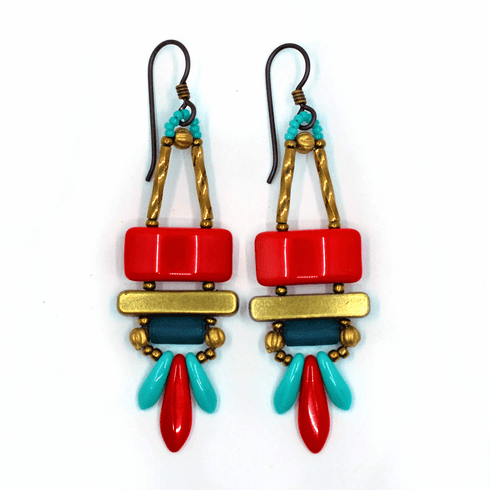 Red, turquoise and teal earrings with dark ear wires and gold accents on a white background. The earrings have a red rectangle on the top, then a gold bar. Below the bar is a dark teal tube, and at the bottom is a red dagger sandwiched by two smaller turquoise daggers.