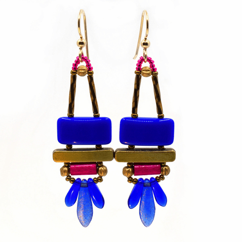 Blue and magenta earrings with gold accents and ear wires on a white background. These earrings have blue rectangles on top of gold bars. Below the bar is a magenta tube, and at that bottom is a translucent blue dagger sandwiched between two smaller, opaque blue daggers.